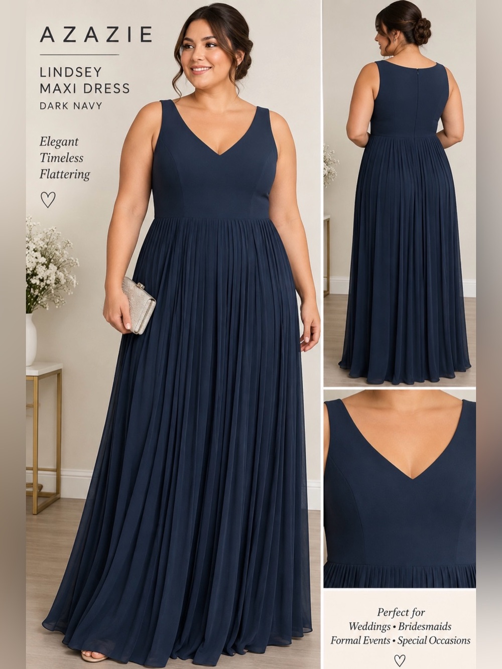 Azazie Lindsey Dark Navy Pleated Maxi Dress Size A22 NWT